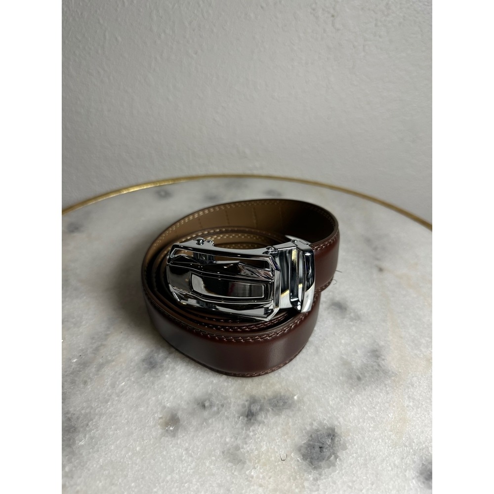 Brown Faux Leather Ratchet Belt Silver Automatic‎ Sliding Buckle Adjustable 50in